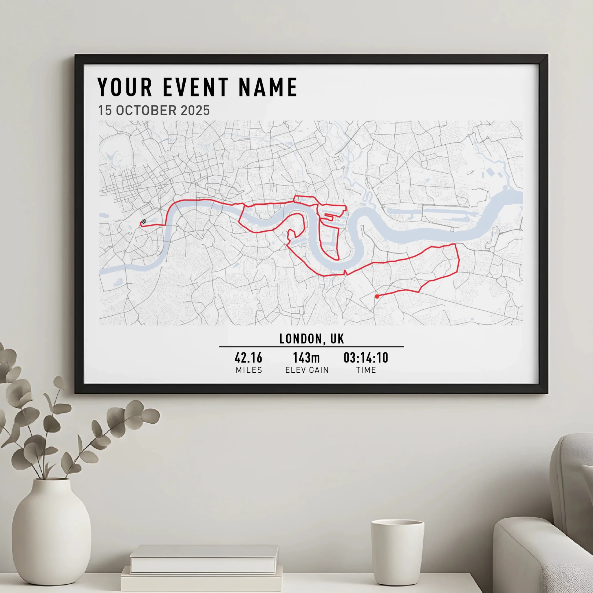 Personalised running route print framed in a modern style