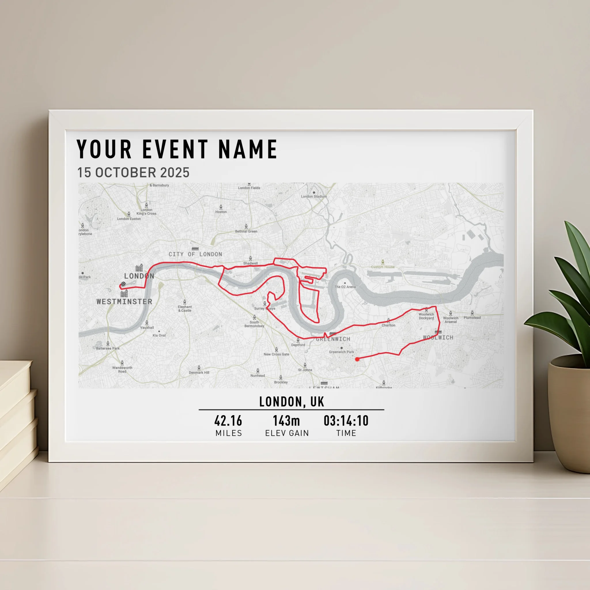 Personalised route map print in a natural wood frame, custom hiking or running gift