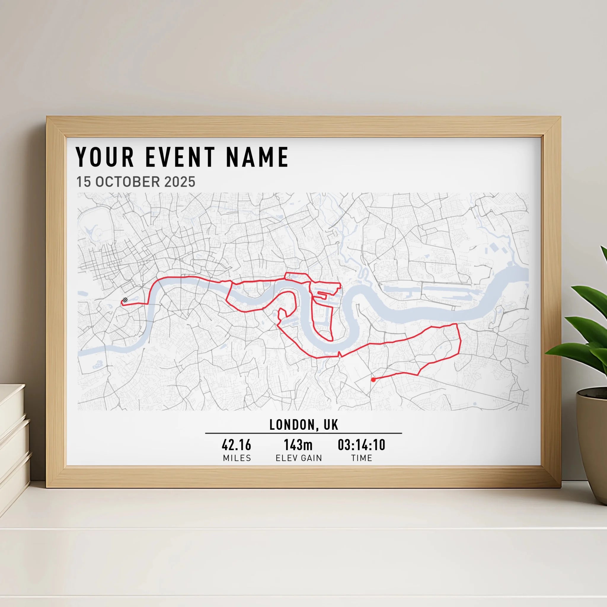 Personalised route map print in a white photo frame