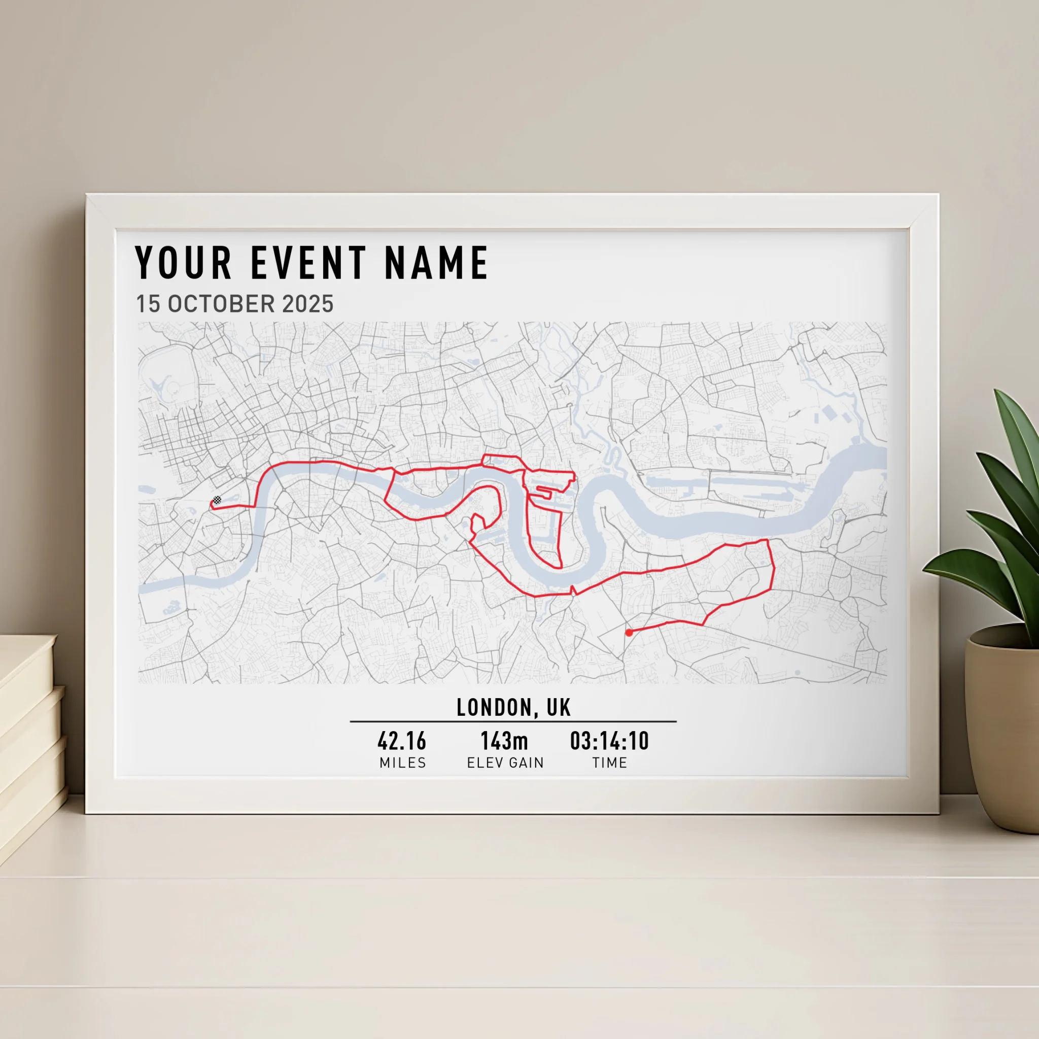 Personalised route map print in a wood effect photo frame