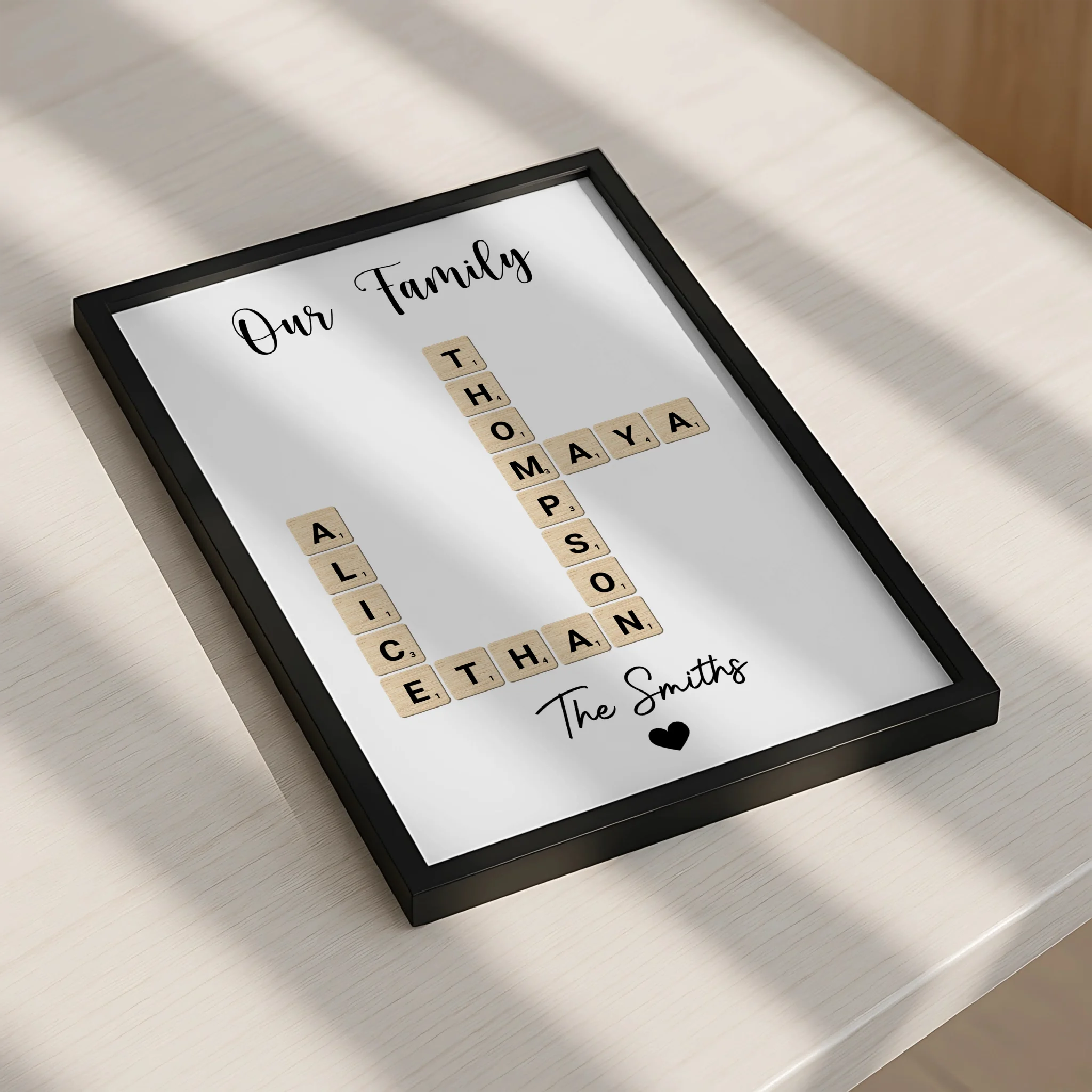 Personalised crossword photo frame personalised with six family names
