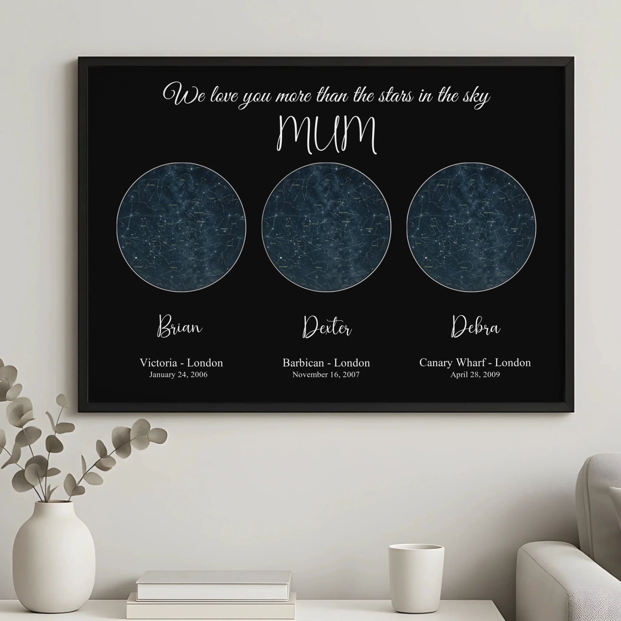 Framed personalised star map UK showing night sky for specific date and location, unique gift idea