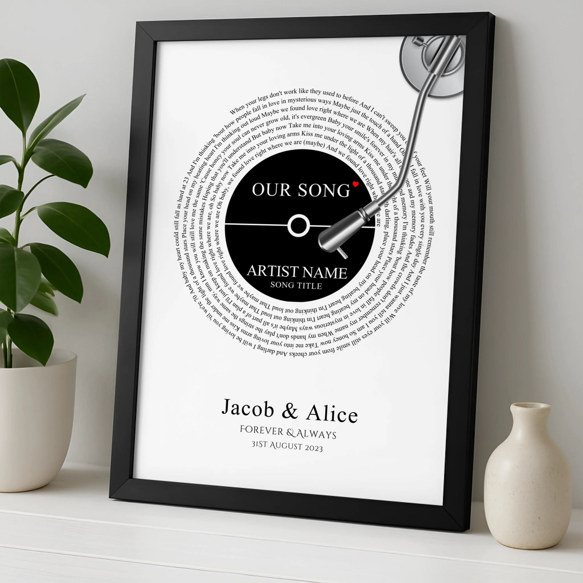 Personalised Love Song & Lyrics Print | Anniversary, Birthday or Wedding Gift | For Couples