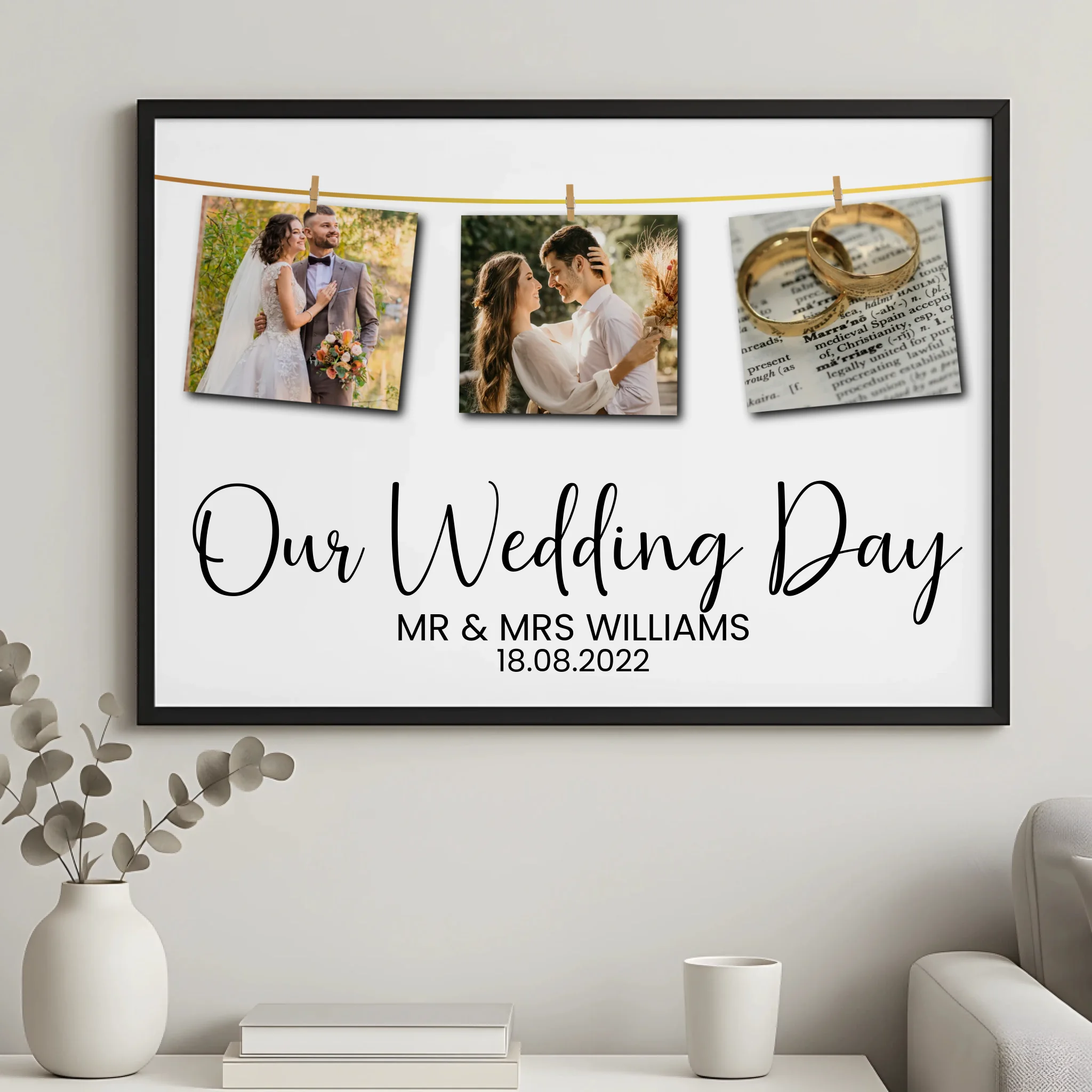 Black framed wedding day print with three pegged photos hung on a gold string, personalised with Mr and Mrs Williams and date