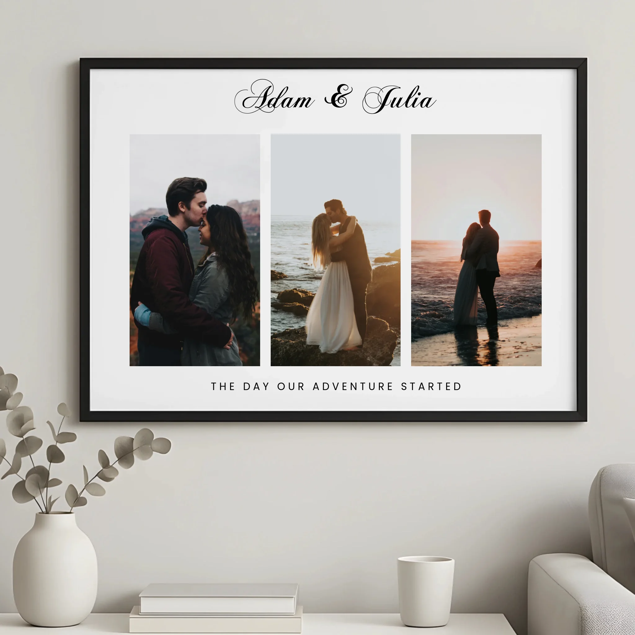 Black framed personalised couple photo collage hung on a wall above a white vase, reading Adam and Julia with a romantic quot