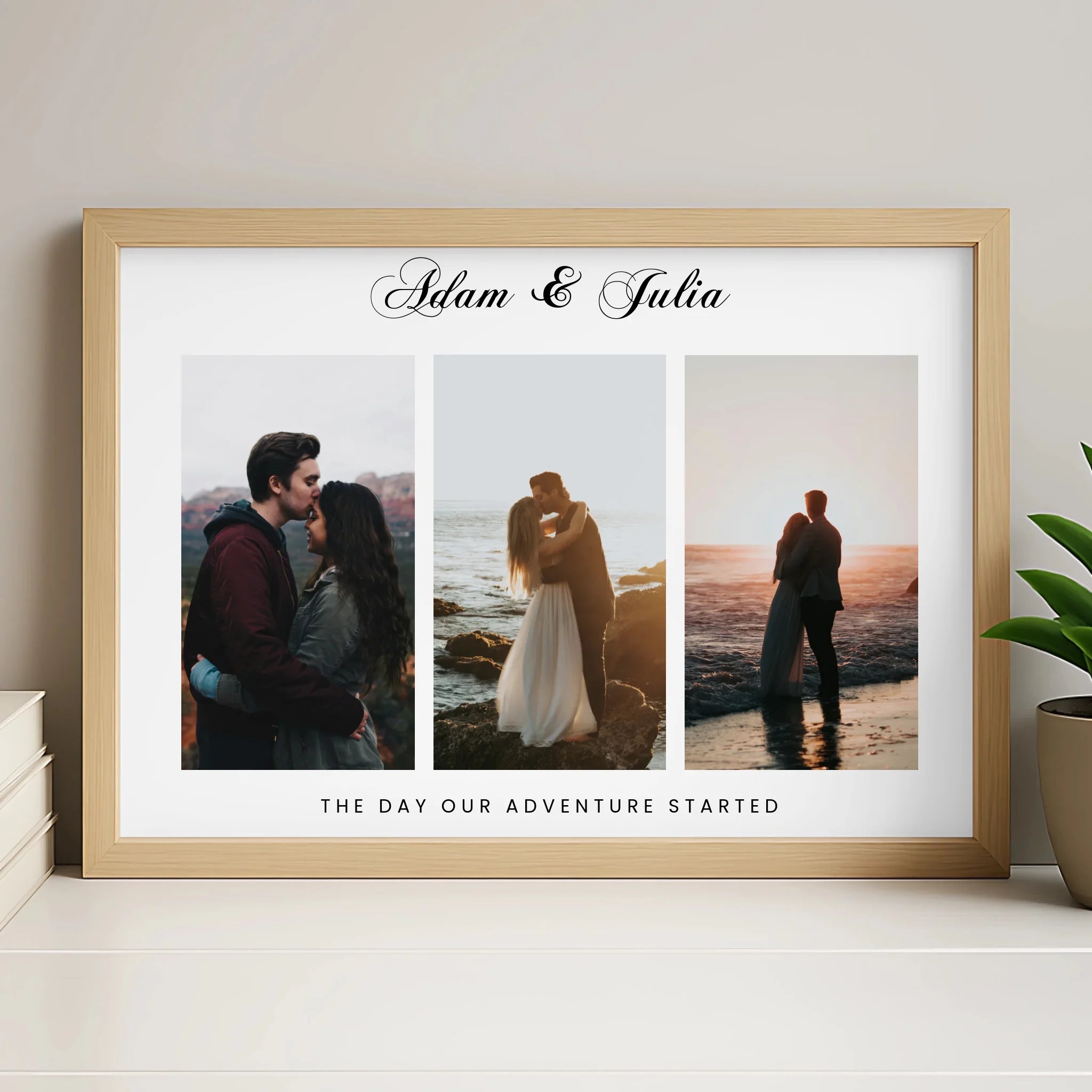 Natural wood framed personalised 3-photo couple print reading Adam and Julia, The Day Our Adventure Started, on a light shelf