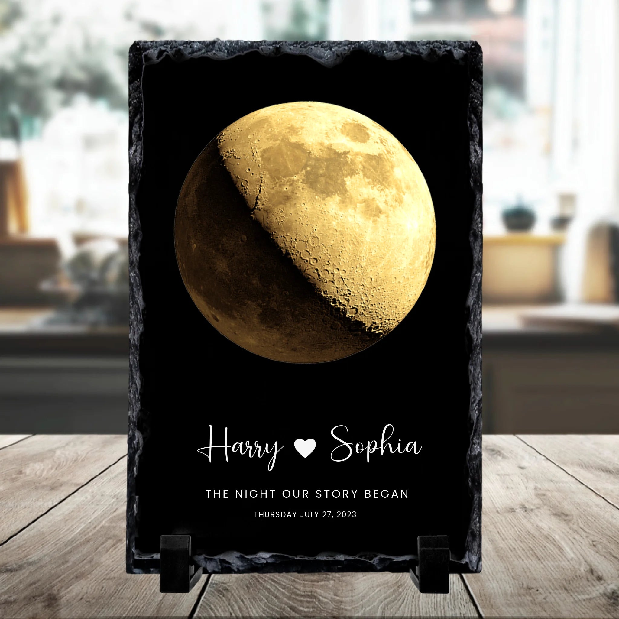 Tall personalised slate plaque with a large gold gibbous moon, Harry and Sophia names with heart, and date Thursday July 27 2