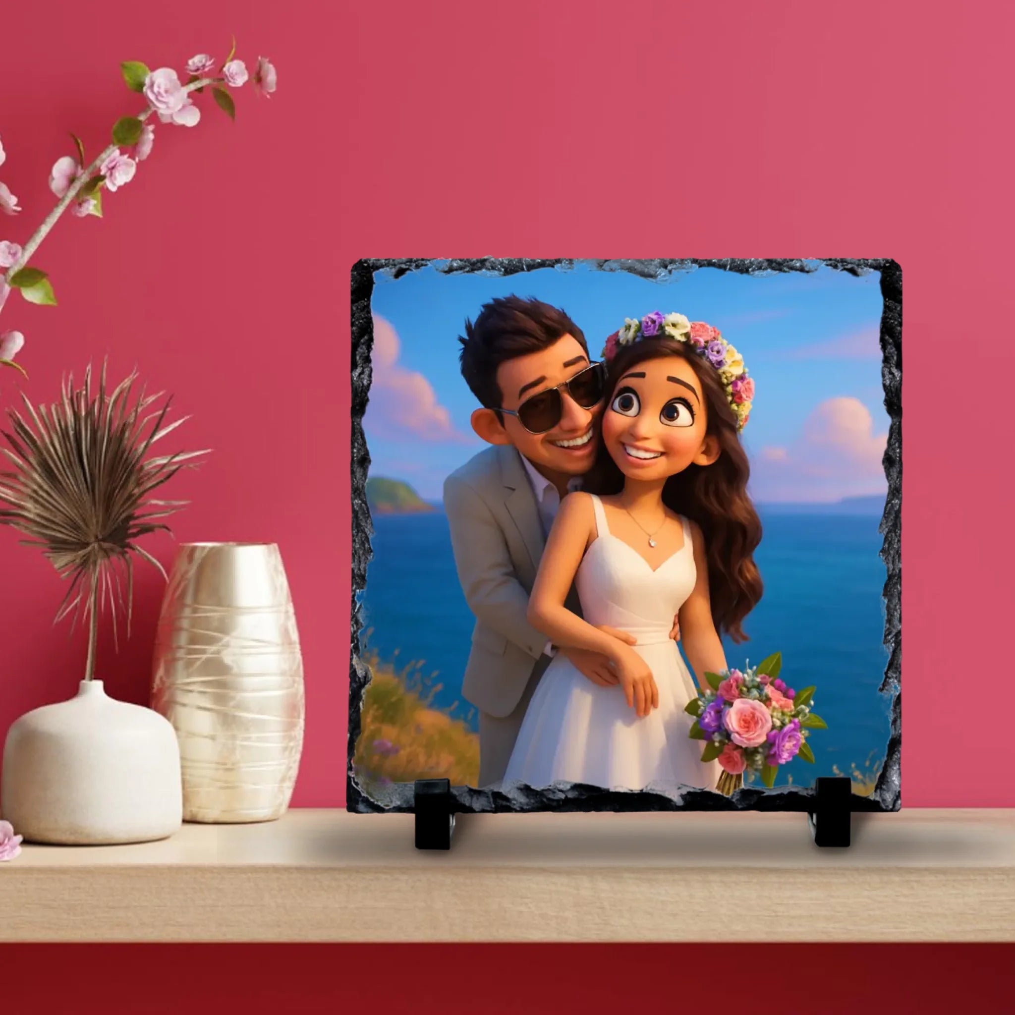 Custom Personalised Photo Slate with Cartoon Effect – Custom Animated Portrait Gift, Unique Keepsake for Couples, Family or Friends