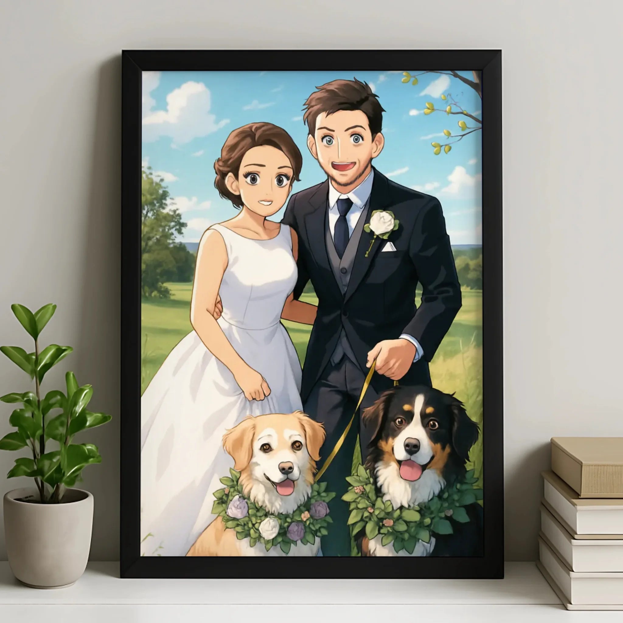 Custom Anime Manga Style Portrait Frame | Personalised Cartoon Couple & Pet Illustration | Gift Wall Art