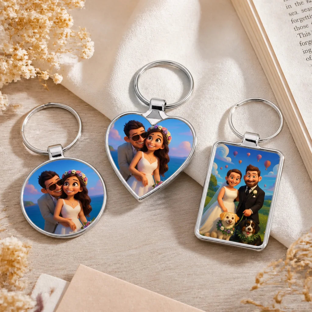 Three silver personalised cartoon keyrings in heart, round and rectangle shapes showing animated wedding couple and pet desig