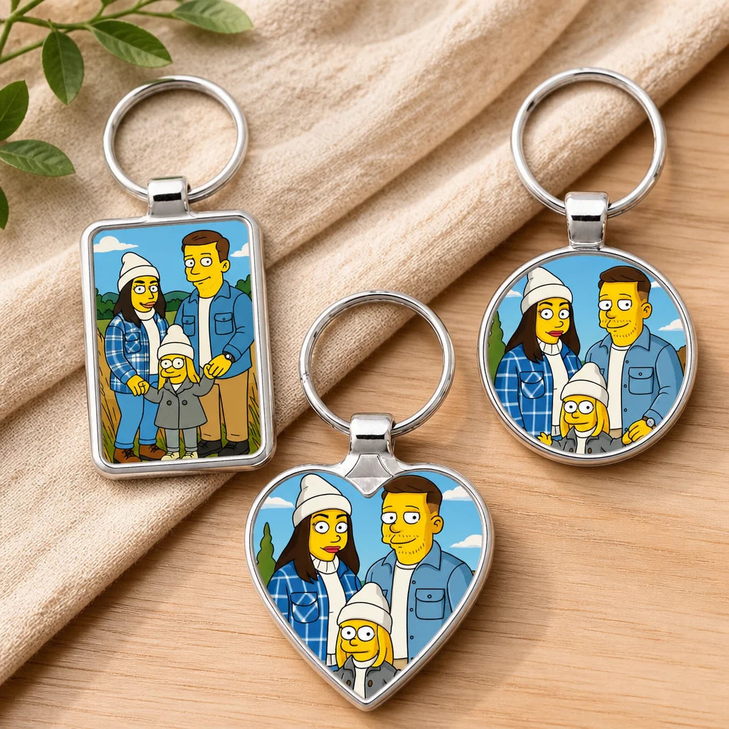 Three silver keyrings in rectangle, circle and heart shapes, each printed with a custom US cartoon-style portrait of a family