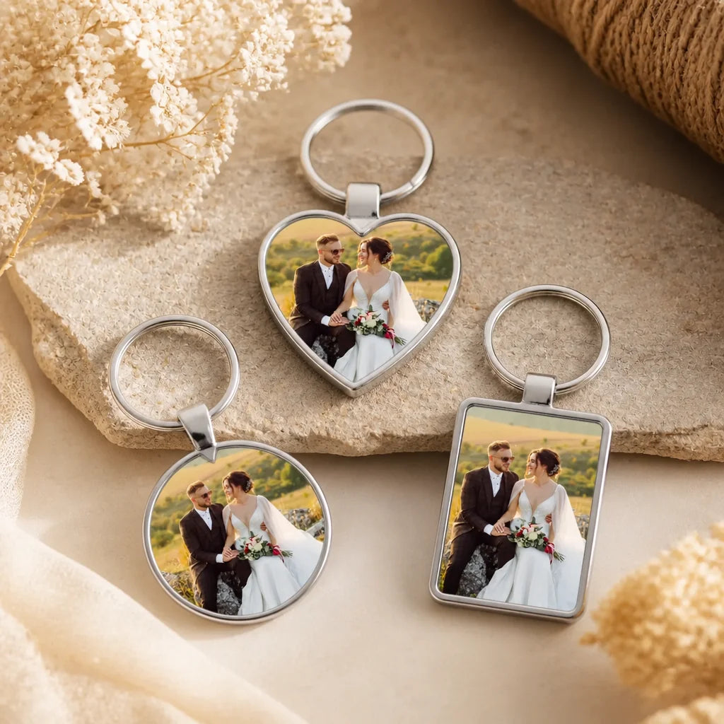 Three silver personalised photo keyrings in heart, round and rectangle shapes, each printed with a wedding couple portrait, d