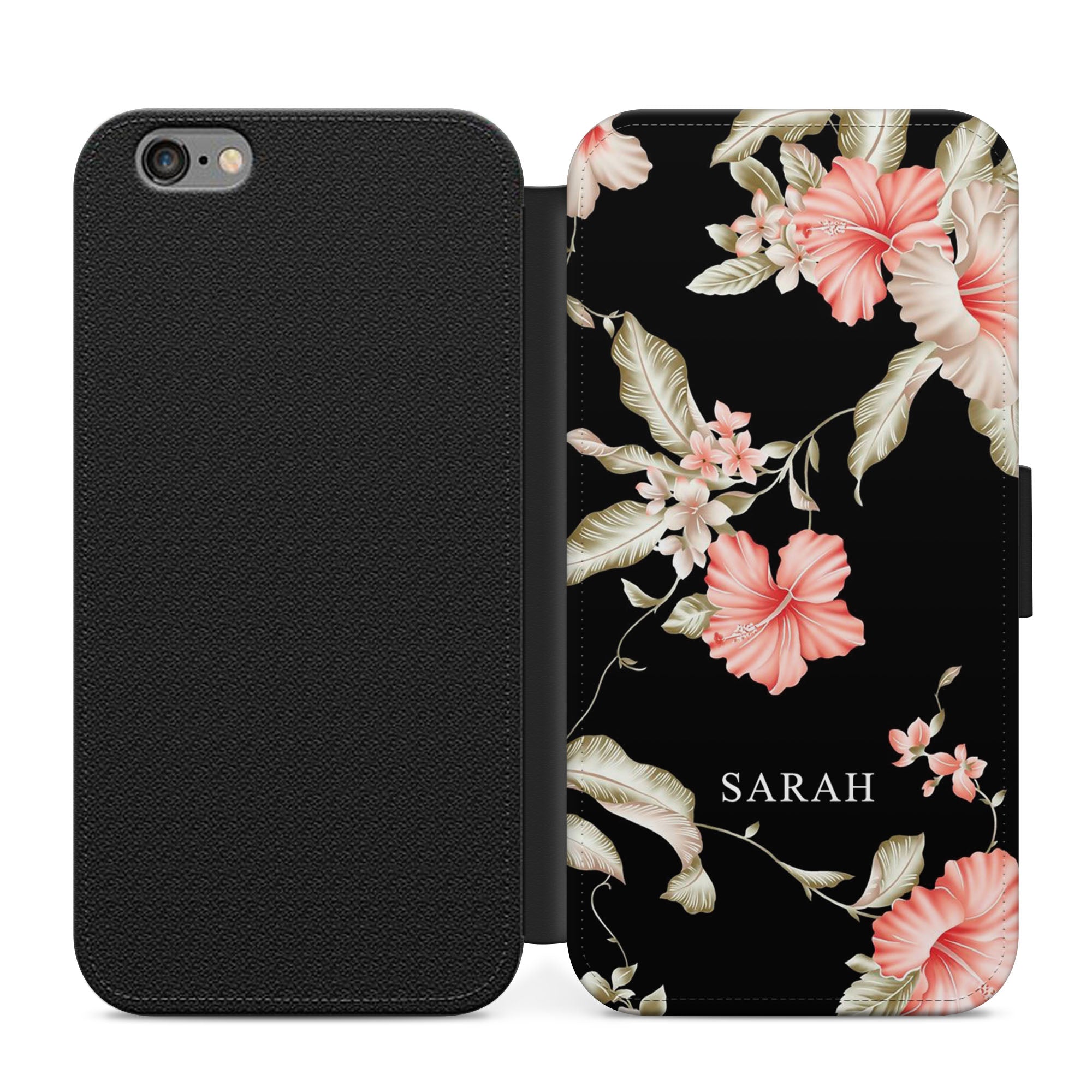 Personalised Black Floral Faux Leather Flip Case Wallet for iPhone / Samsung