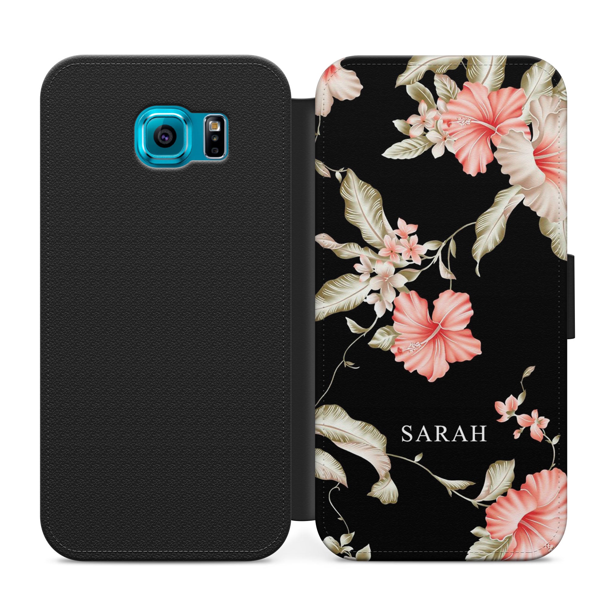 Personalised Black Floral Faux Leather Flip Case Wallet for iPhone / Samsung