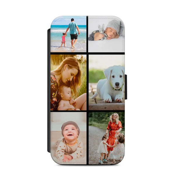 Personalised leather flip wallet phone case with a custom photo collage printed on the front