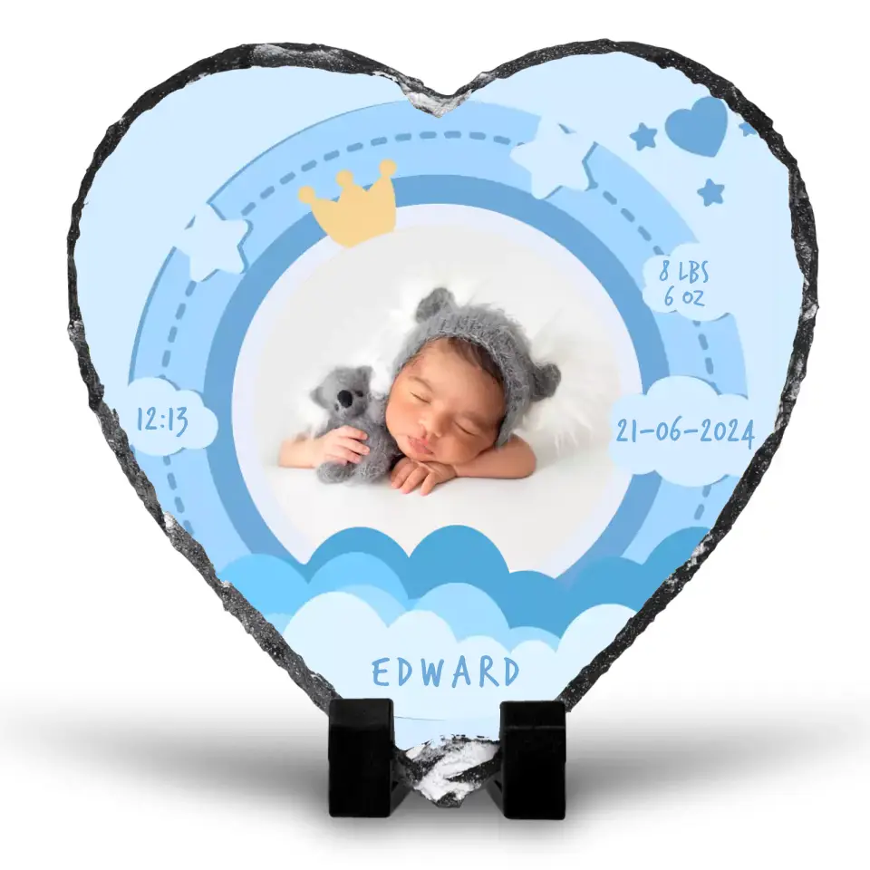 Custom Personalised Birth Announcement Heart Photo Slate - Baby Boy - Blues