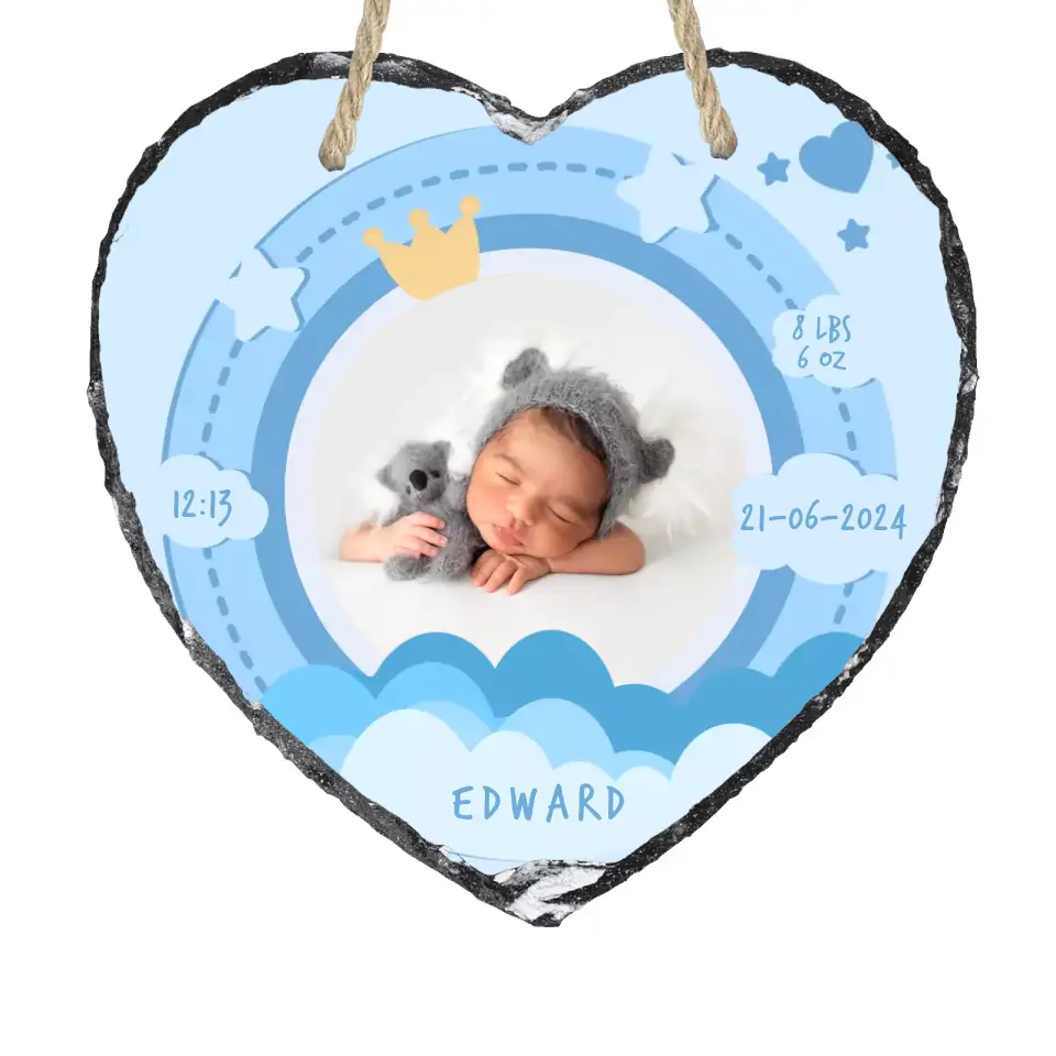 Custom Personalised Birth Announcement Heart Photo Slate - Baby Boy - Blues