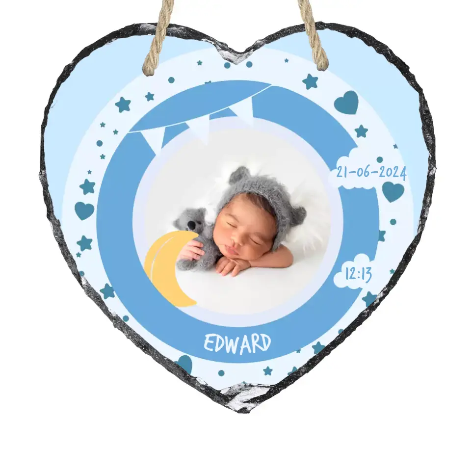 Custom Personalised Birth Announcement Heart Photo Slate - Baby Boy - Blues