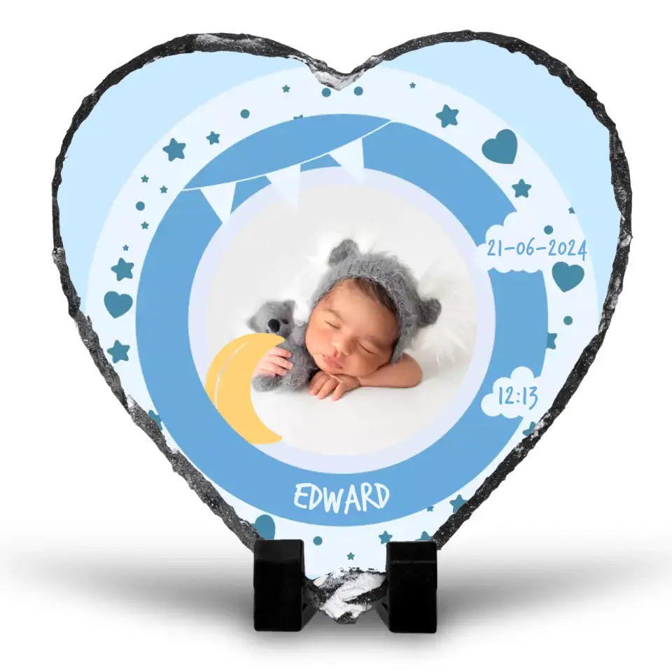 Custom Personalised Birth Announcement Heart Photo Slate - Baby Boy - Blues