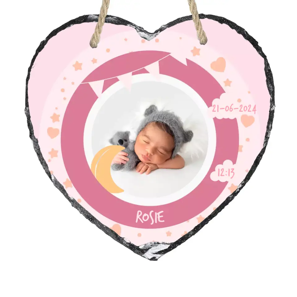 Custom Personalised Birth Announcement Heart Photo Slate - Baby Girl - Pinks