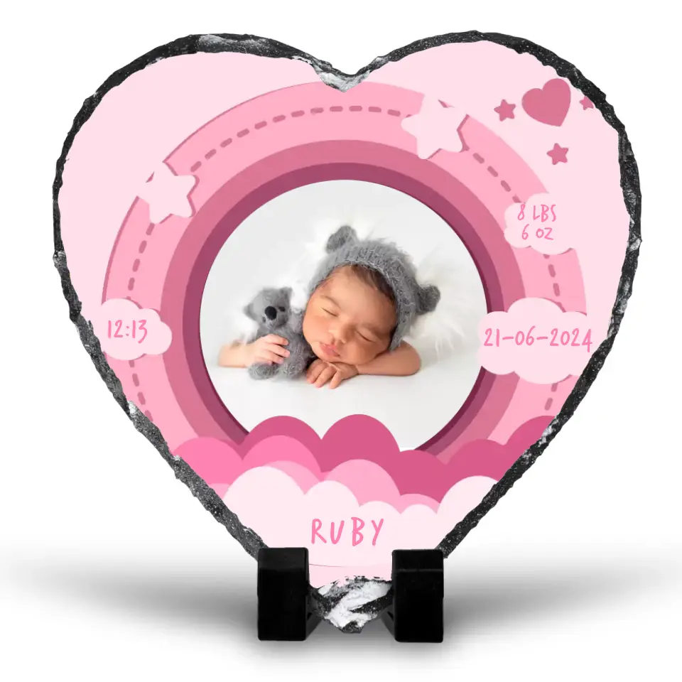 Custom Personalised Birth Announcement Heart  Photo Slate - Baby Girl - Pinks