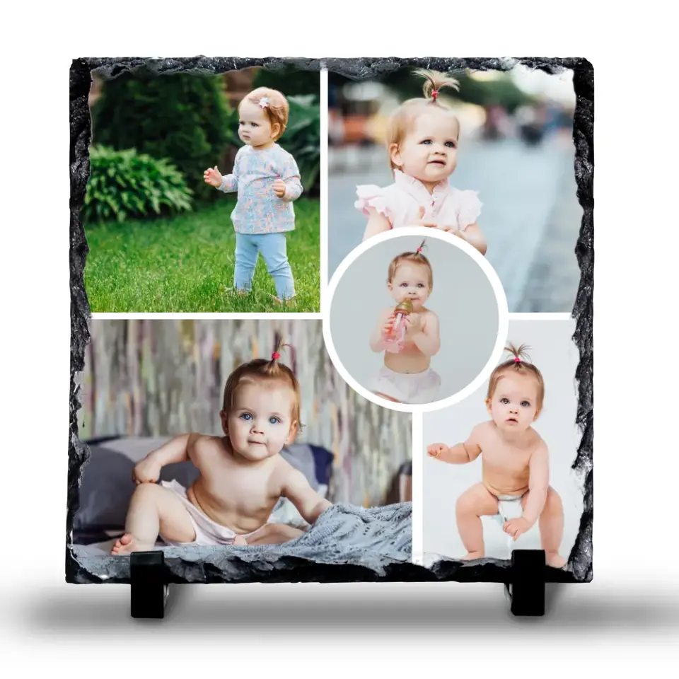 Personalised Collage Photo Slate - Custom 5-Photo Design with Central Circle Image