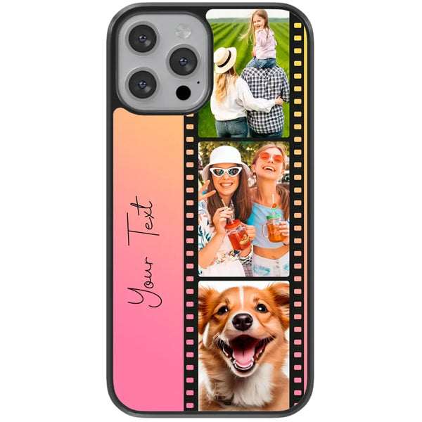 Personalised film reel phone case with custom photos printed on a black rubber TPU case