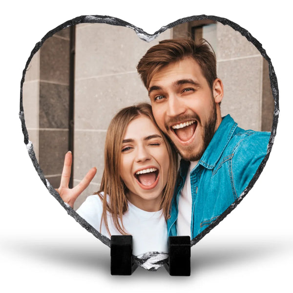 Personalised heart shaped photo slate with a custom photo printed on natural stone