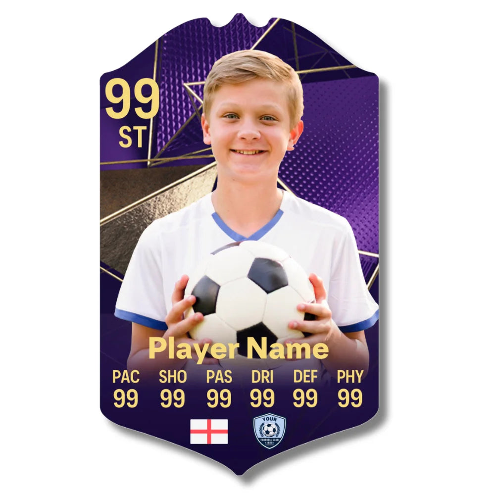 Personalised football card in Pro Purple design printed on glossy aluminium