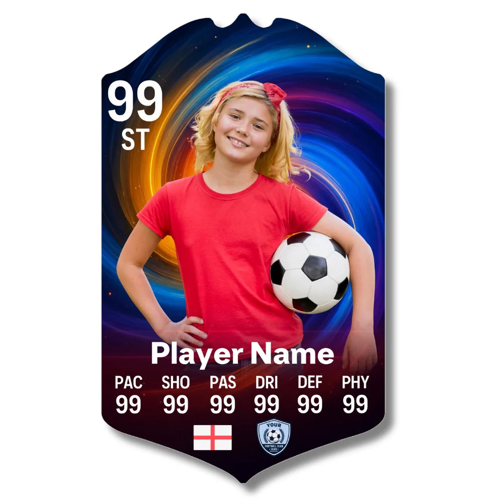 Personalised galaxy design football card printed on glossy aluminium