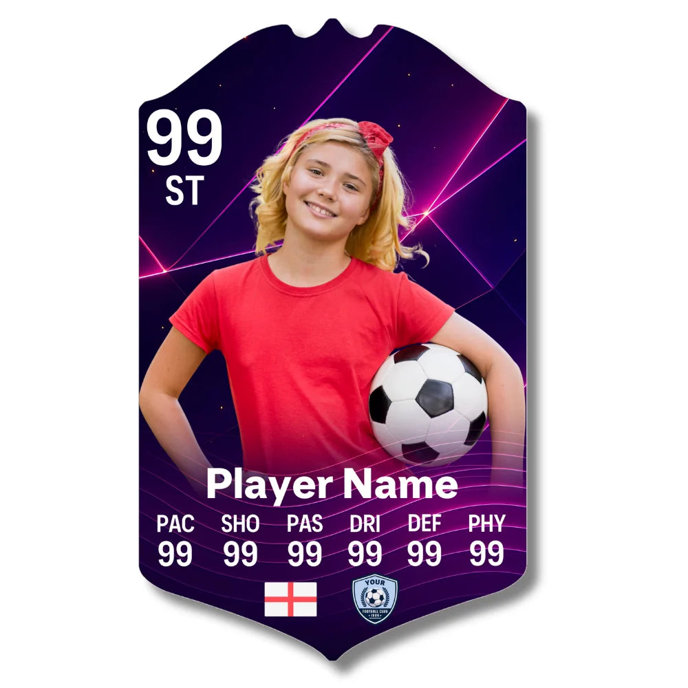 Personalised football card in purple geo design printed on glossy aluminium