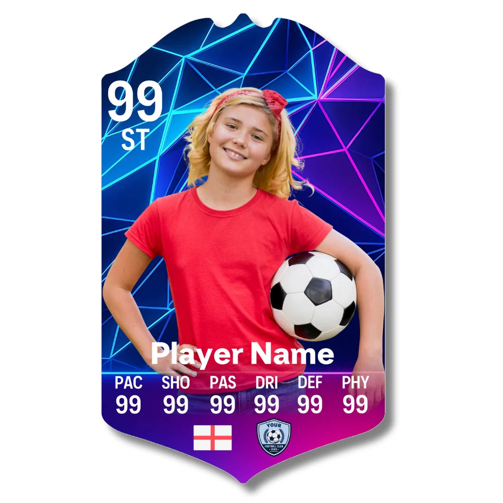 Personalised football card with neon geometric design printed on glossy aluminium