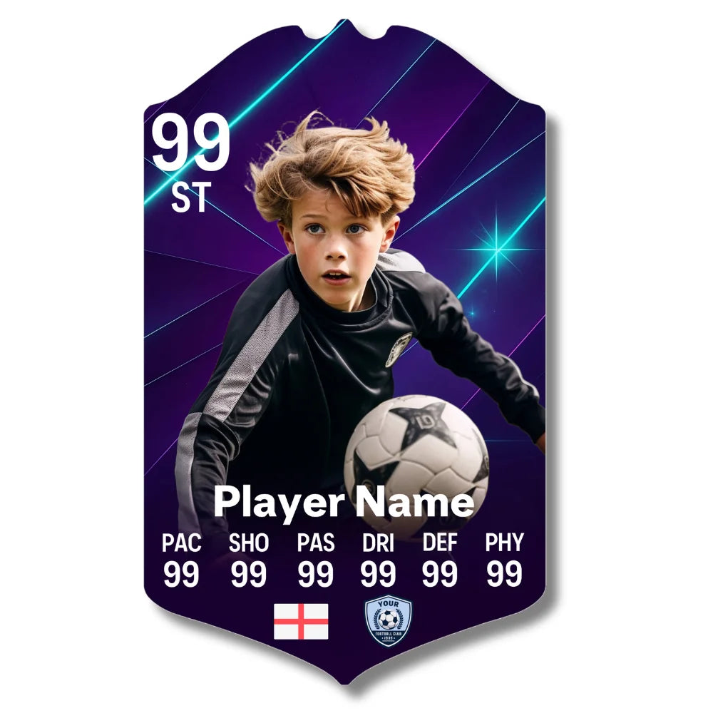 Personalised futuristic football card printed on glossy aluminium with custom player stats and name