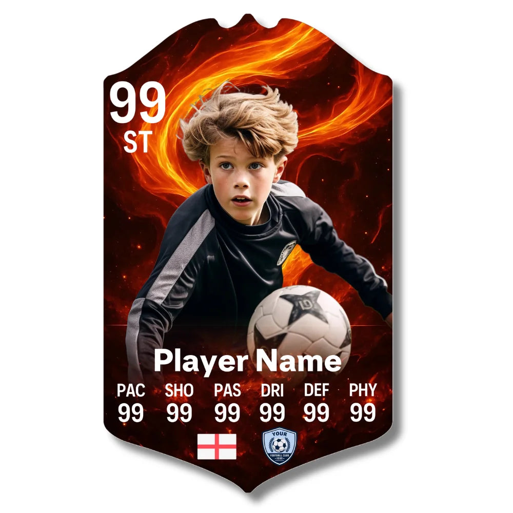 Personalised football card Double Flames design on glossy aluminium with custom player stats and name