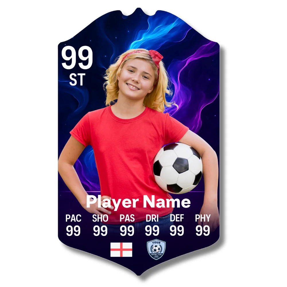 Personalised football card with a blue and purple smoke design on glossy aluminium