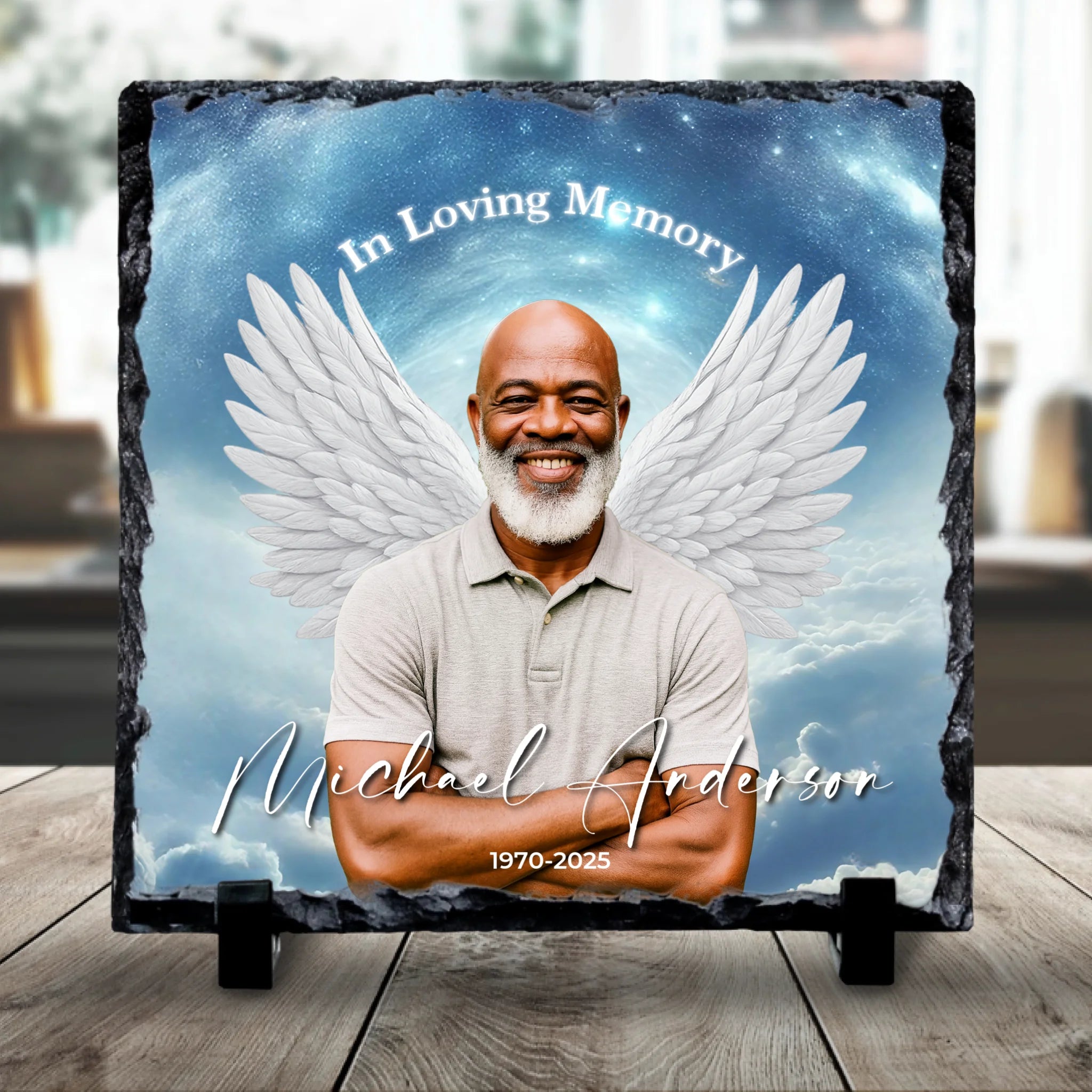 Custom Personalised Memorial Photo Slate Plaque  - Angel Wings