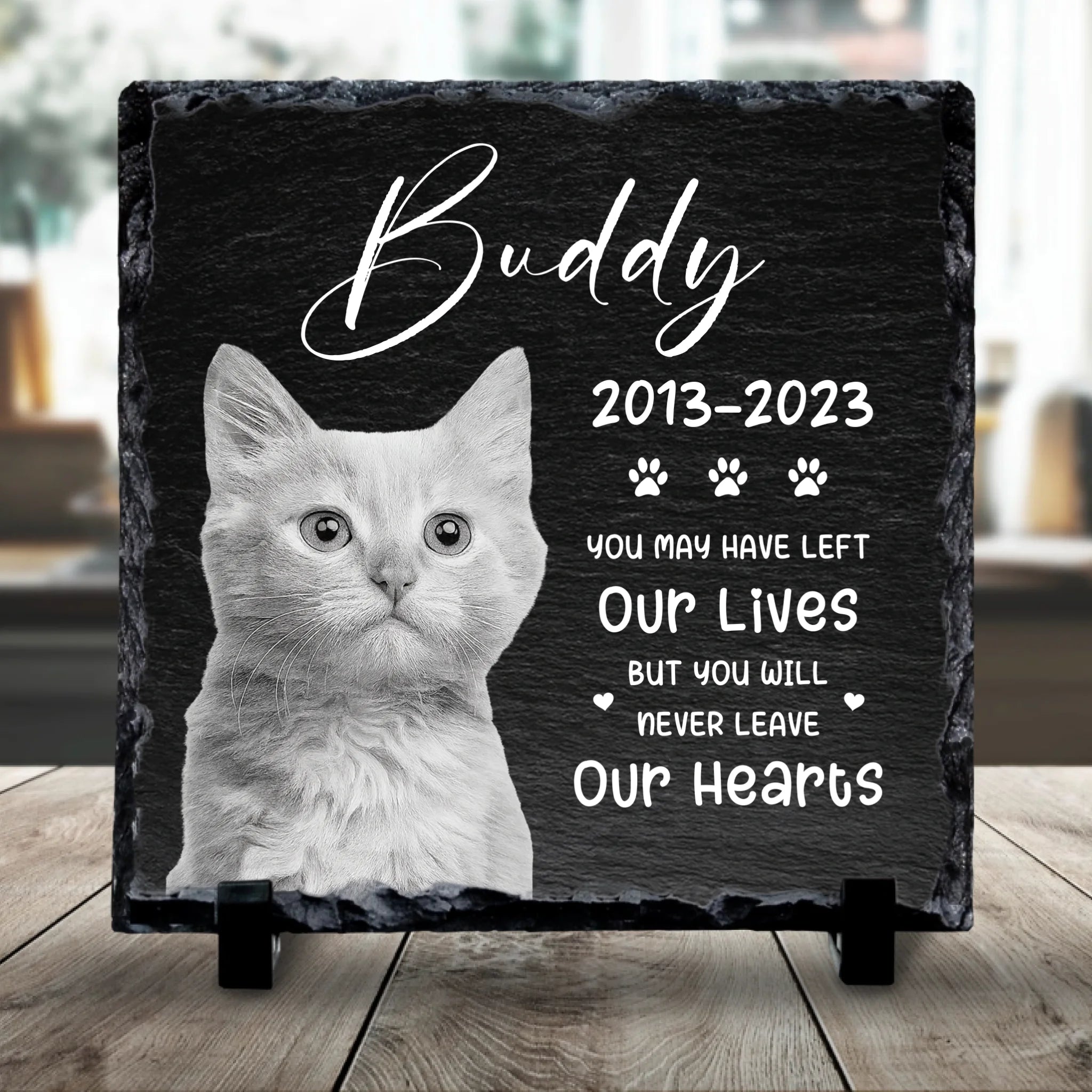 Custom Personalised  Pet Memorial Photo Slate Plaque  - Never Leave Our Hearts