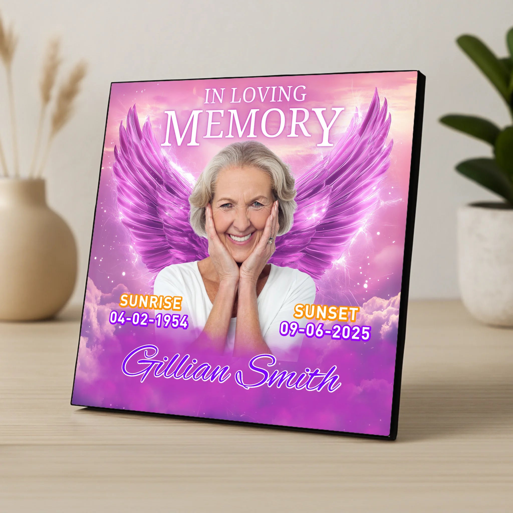 Custom Personalised Memorial Photo Panel - Pink Angel Wings