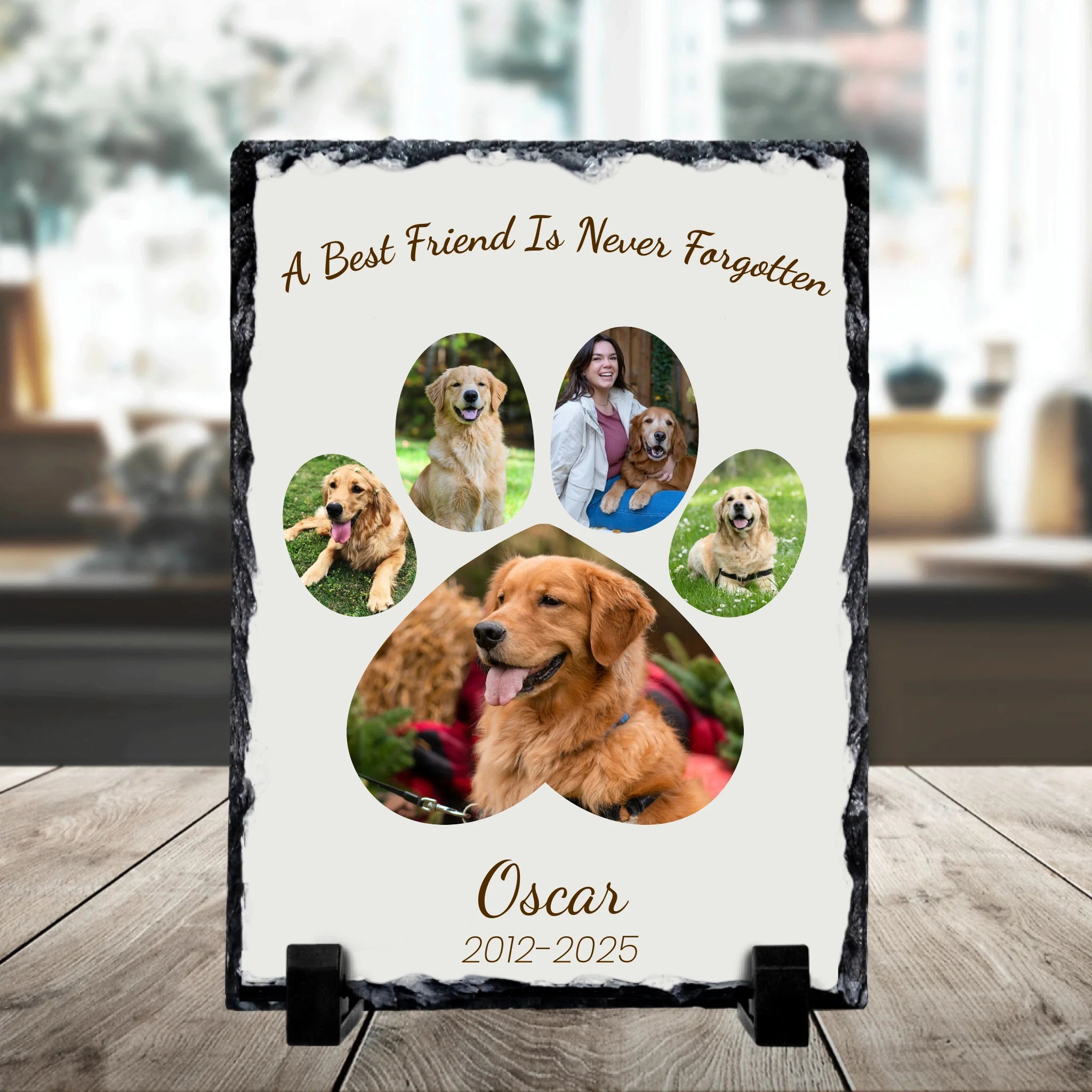 Personalised pet memorial photo collage slate displaying 5 photos of a pet