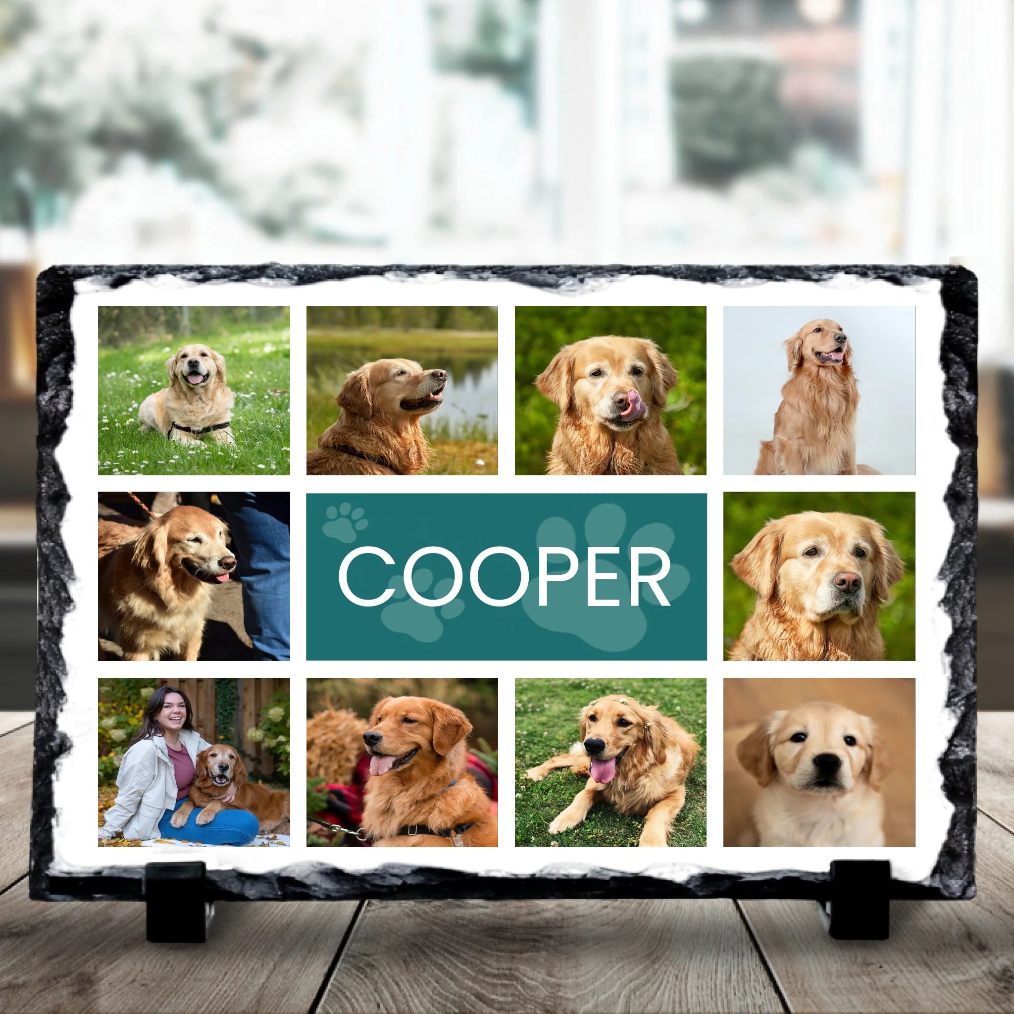 Personalised pet collage photo slate showing 10 photos and a pet name printed on real slate