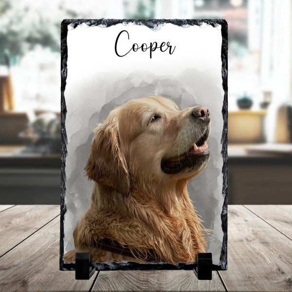 Personalised pet portrait photo slate with custom name printed on natural slate