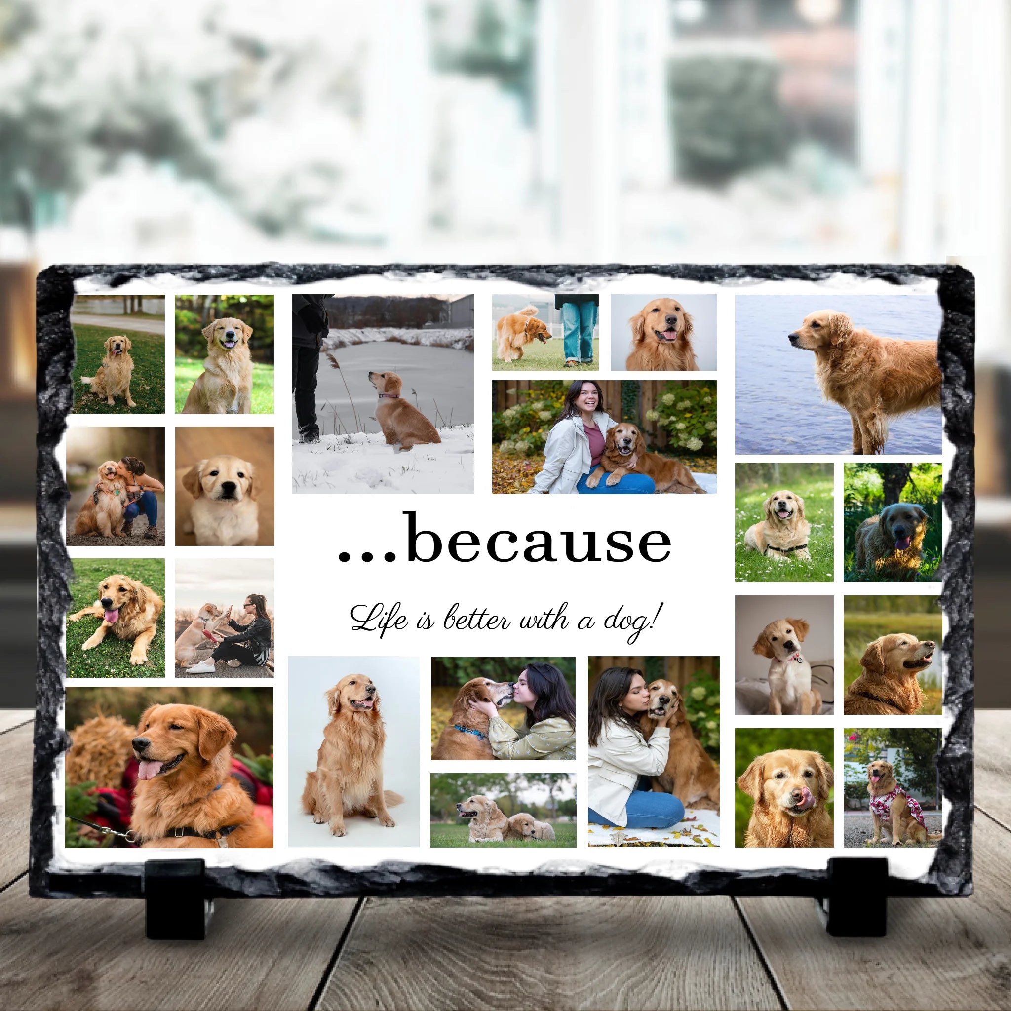 Custom personalised pet collage photo slate showing 22 dog photos with the text Life is better with a dog