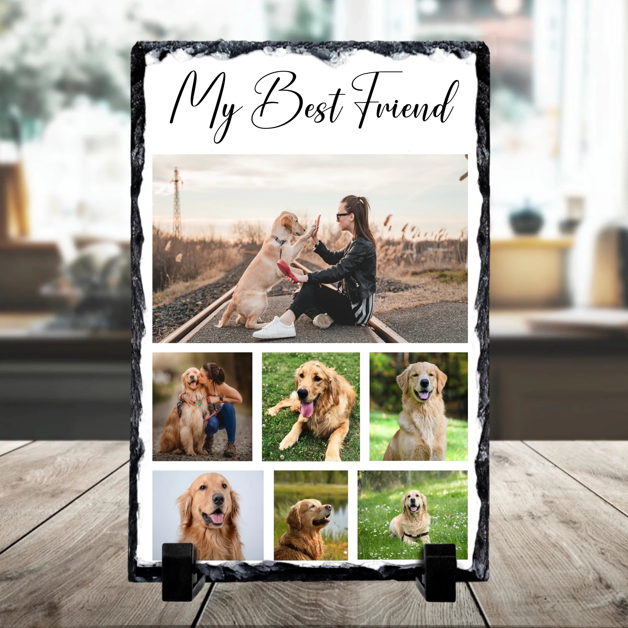 Custom personalised photo slate collage showing seven photos with printed custom text
