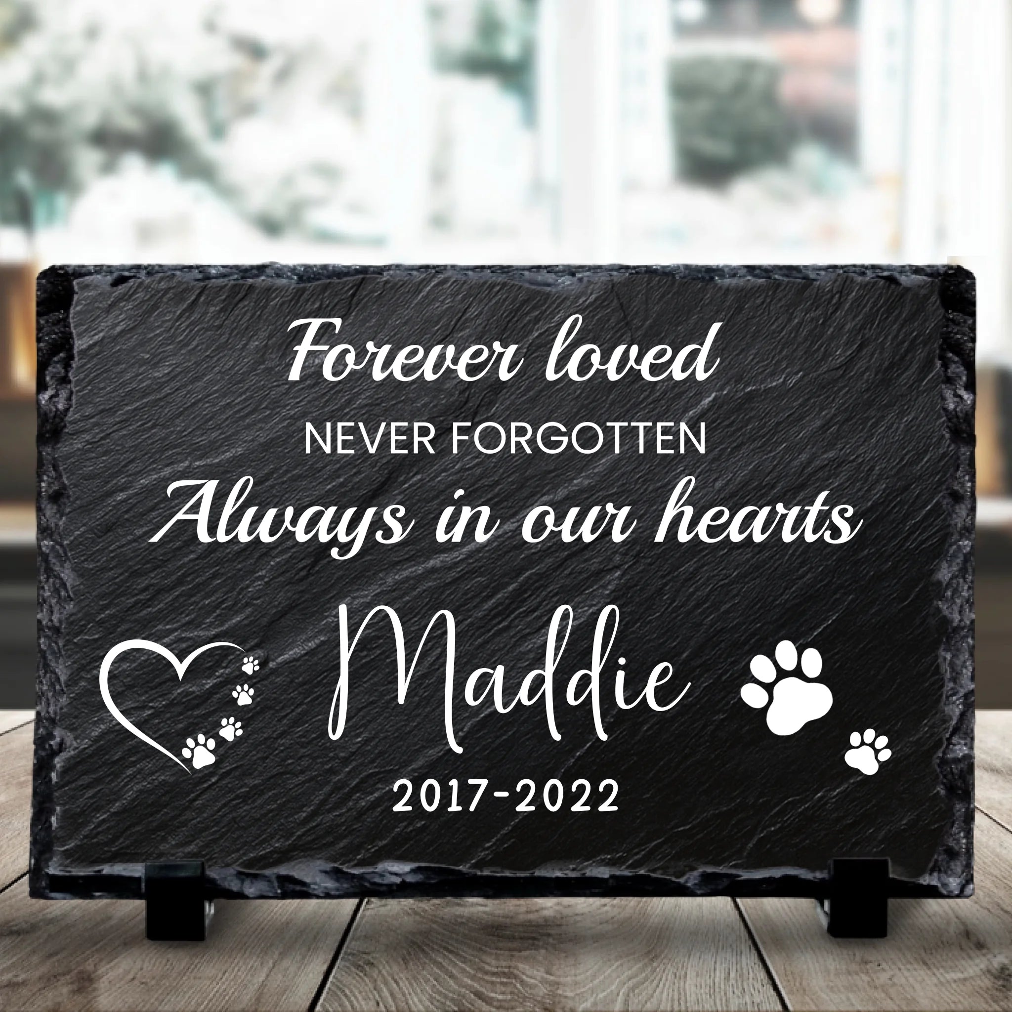 Personalised pet memorial photo slate printed with a custom pet photo and Forever Loved Never Forgotten text