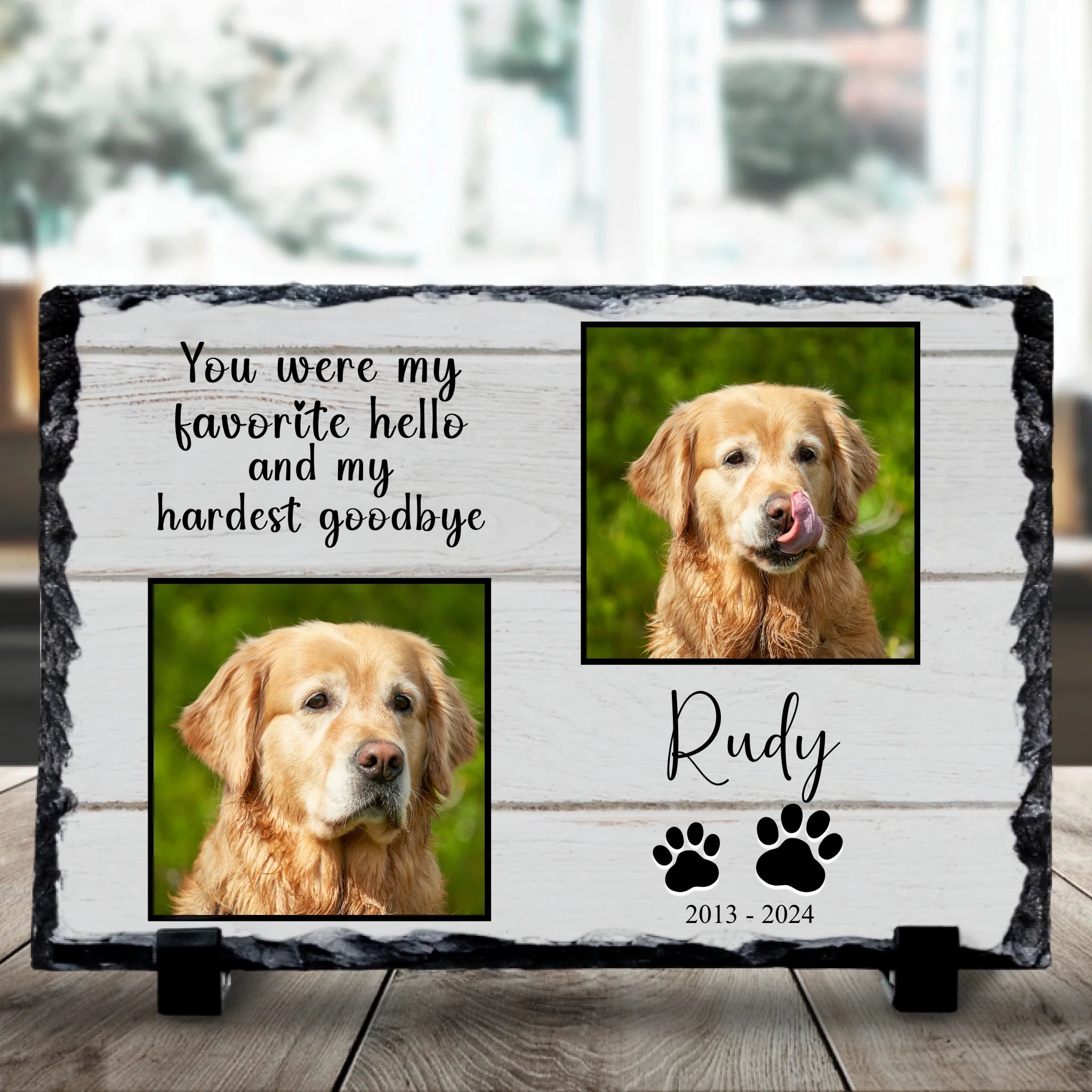 Personalised pet memorial photo slate with two photos and Hardest Goodbye text printed on slate