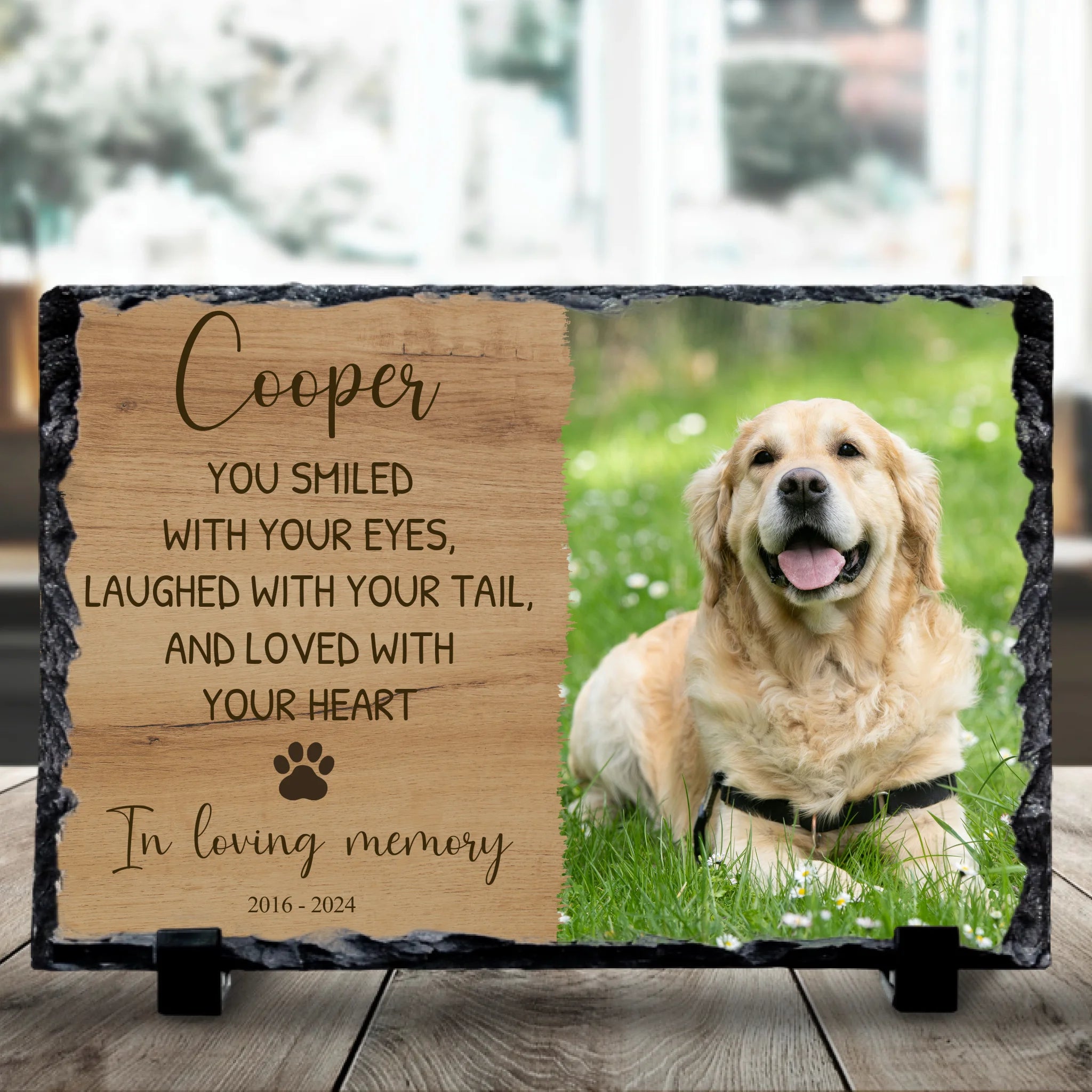 Custom photo slate gift for pet loss with personalised photo and memorial text