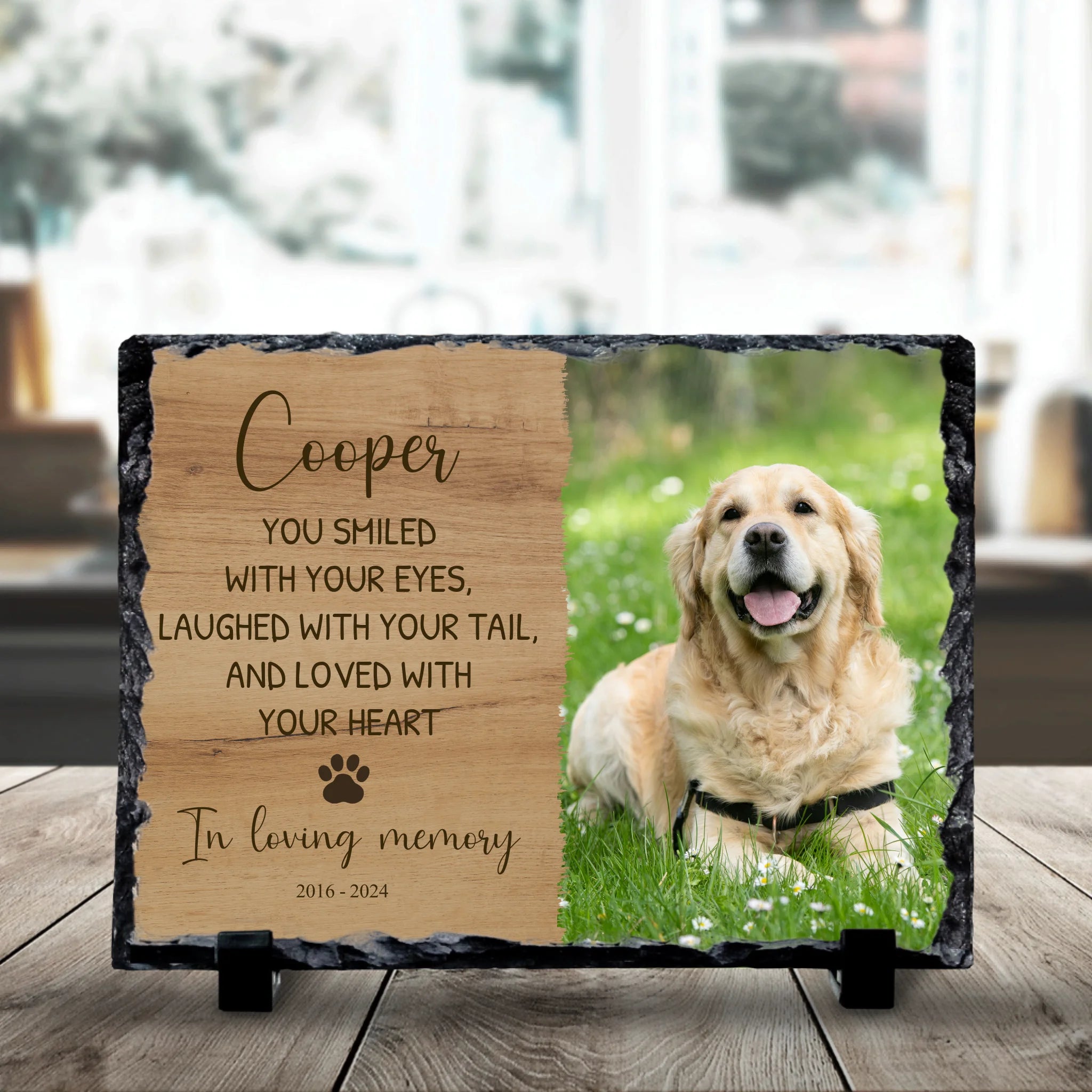 19x14cm personalised photo slate showing custom pet memorial print on natural slate