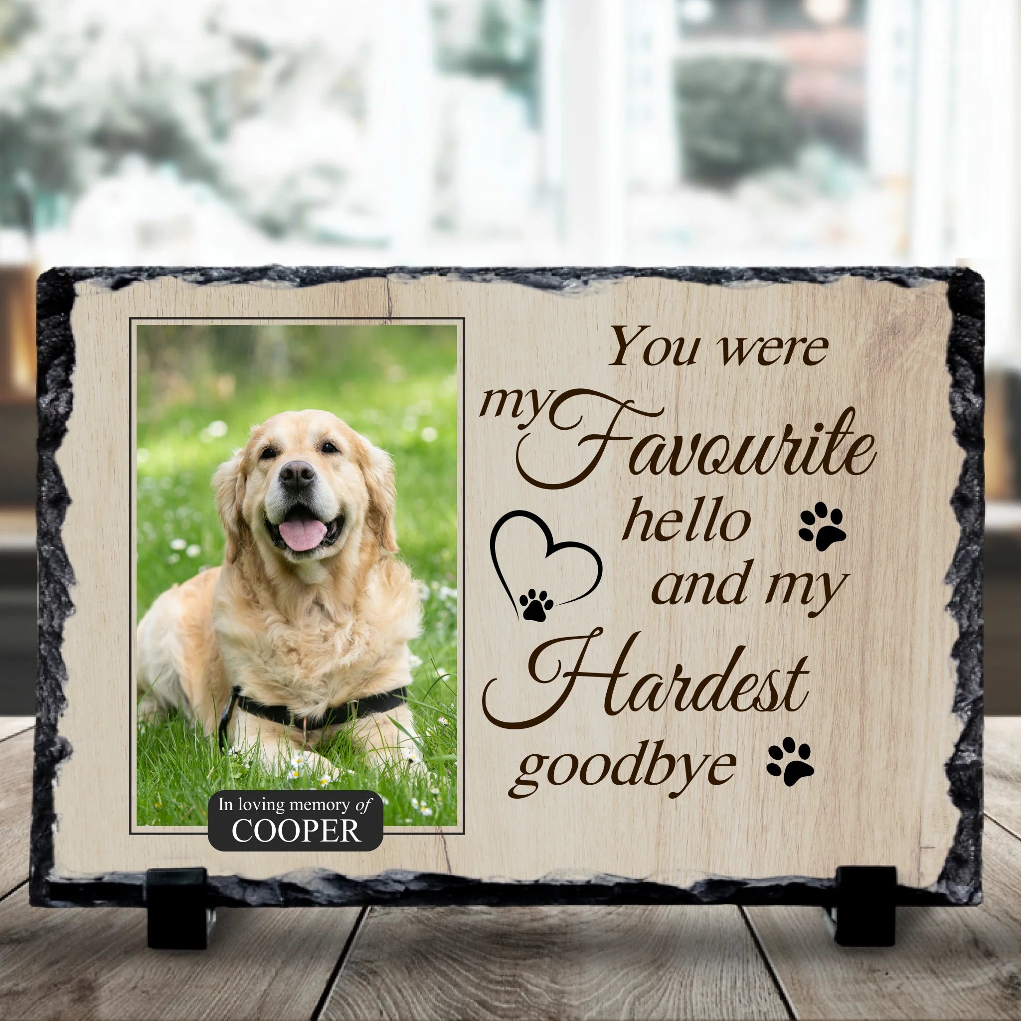 Personalised pet memorial photo slate with custom photo and Favourite Hello text