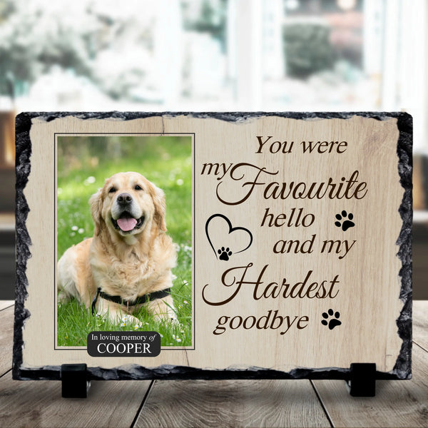Personalised pet memorial photo slate with custom photo and Favourite Hello text