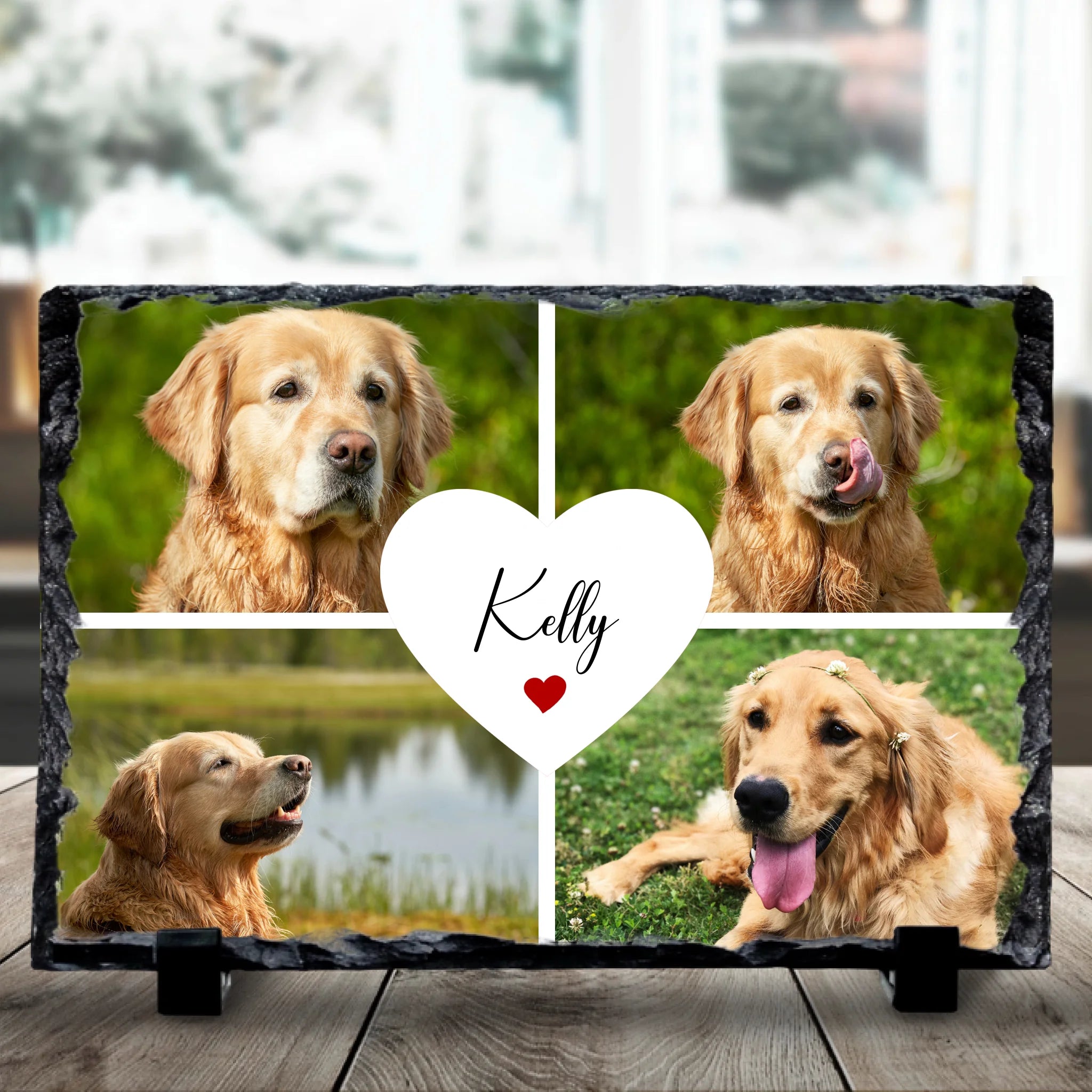 Personalised photo slate with 4 photos, custom name and centre heart design